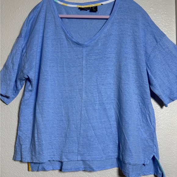 Relaxed Blue Linen V-Neck Top with Short Sleeves. Very Soft Comfy, Relaxed Fit - Picture 1 of 9
